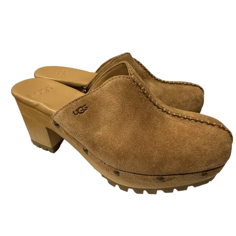 Ugg Women’s Size 8 Judi Suede Leather Wool Lined Wooden Mule Clog